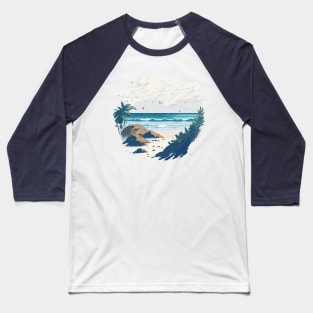 Tropical beach with palm trees and rocks. Baseball T-Shirt